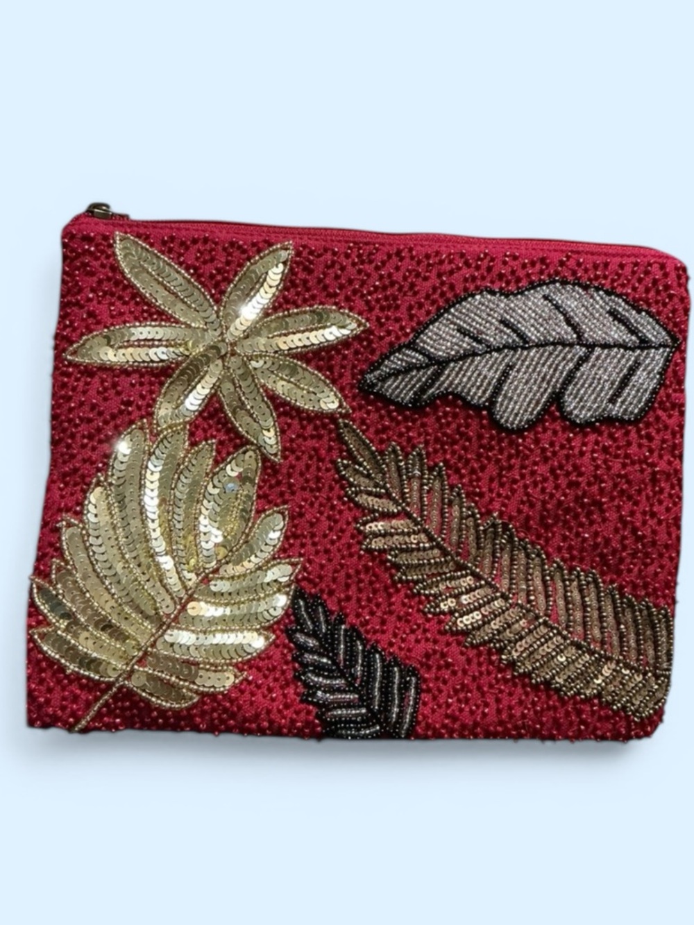 America & Beyond Beaded Leaf Embellished Travel Makeup Bag Wristlet